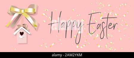 Happy easter background with realistic golden glitter decorated house for birds and confetti. Invitation template. Vector illustration for greeting ca Stock Vector