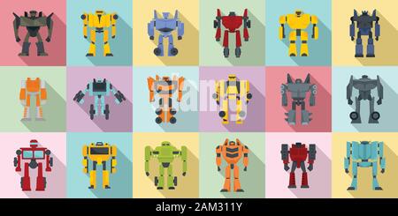 Robot-transformer icons set. Flat set of robot-transformer vector icons for web design Stock Vector