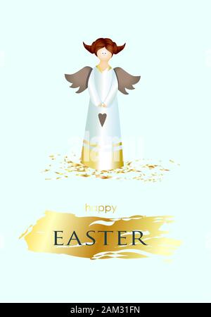 Easter banner. Vertical poster, postcard, background with text Happy Easter. Angel on a light background. elegant. Gold brush stroke. Design with real Stock Vector