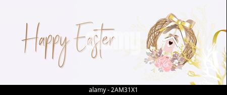 Easter banner. horizontal poster, postcard, background with text Happy Easter. Spring wreath on a gray background. elegant. Gold ribbons and confetti. Stock Vector