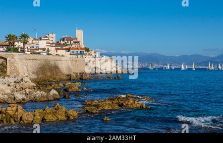 France. Provence. French Riviera. Cote d'Azur. Antibes. Seafront of old historic center of town and landmarks. View from the sea Stock Photo