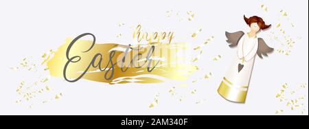 Easter banner. Horizontal poster, postcard, website headers, background with text happy easter. Angel on a light background. elegant. Gold brush strok Stock Vector