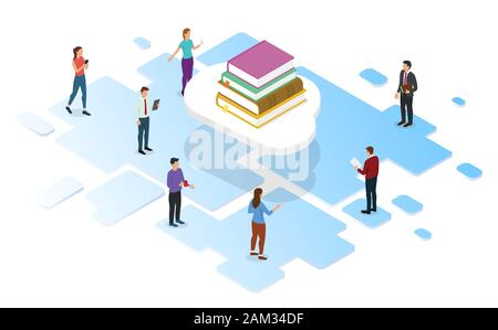 cloud library digital with books stack and people read book with isometric modern style illustration Stock Photo