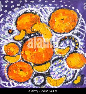 Tangerines on abstract background .Painting still life. Stock Photo