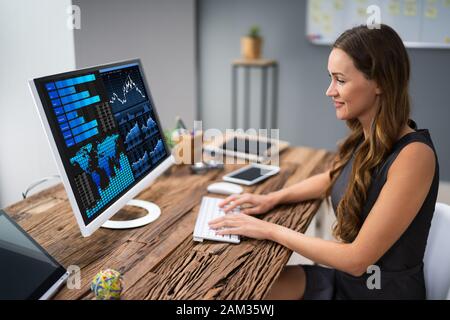 Close-up Of A Businesswoman's Hand Analyzing Graph On Computer At Workplace Stock Photo