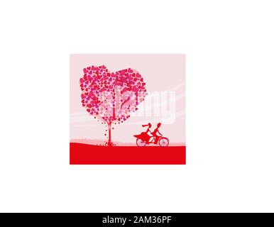 bride and groom riding tandem bicycle Stock Vector