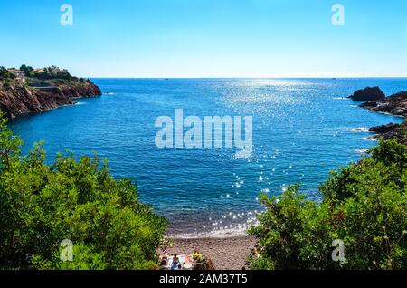 Beautiful famous cote d'azur view, blue sky, sea. Plage Abel Baliff, nearby Saint-Raphael, Frejus, between Cannes and Saint-Tropez. France, Provence Stock Photo