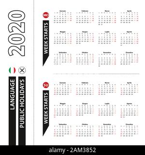 Two versions of 2020 calendar in Italian, week starts from Monday and week starts from Sunday. Vector template. Stock Vector