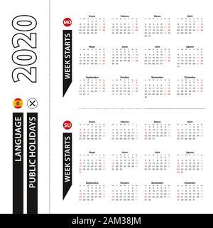 Two versions of 2020 calendar in Spanish, week starts from Monday and week starts from Sunday. Vector template. Stock Vector
