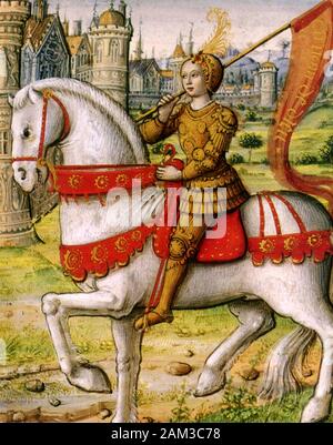 JOAN OF ARC (c 1412-1431) in Antoine Dufour's 1504 manuscript Les vies des femmes célèbres hel t the Musée Dobrée in Nantes Stock Photo