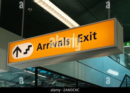 Arrivals and Exit sign closeup on airport Stock Photo