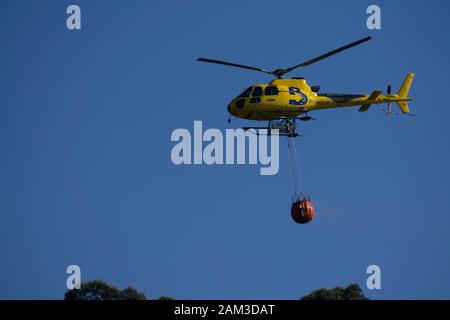 Yellow helicopter of Astoria firefighters in action with bucket carrying water to a fire Stock Photo