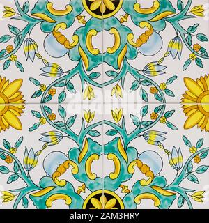 Gorgeous seamless patchwork pattern from yellow, blue and green tiles, ornaments. Can be used for wallpaper, pattern fills, web page background Stock Photo