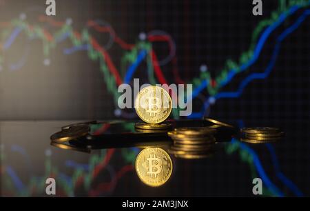 Bitcoins and virtual money concept. Gold bitcoins on a stack of coins with chart of growing and falling valuance of a cryptocurrency. Mining or Stock Photo