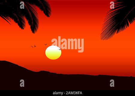 Red Hawaiian sunset with palm trees silhouettes Stock Photo