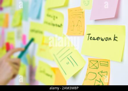 Business people use sticky notes post, writing down ideas. Teamwork. Stock Photo