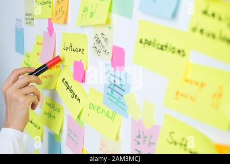 Business people use sticky notes post, writing down ideas. Teamwork. Stock Photo