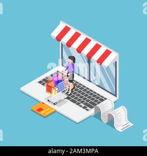 Flat 3d isometric business woman with cart shopping on online store on laptop. Online shopping concept. Stock Vector