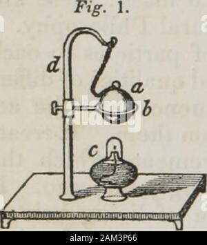 A text-book on chemistry : for the use of schools and colleges . us form. We see, therefore, that it isthe degree of heat to which it is exposed which deter-mines its physical state. One of the first problems which the chemist has to solve,is that of determining the true constitution of matter; notof matter in the abstract, but as placed under the influenceof these external powers. All the phenomena of chemistryprove that material substances con-sist of indivisible and exceedingly mi-nute portions, called Atoms, whichare placed at certain distances fromone another, those distances beingvariabl Stock Photo