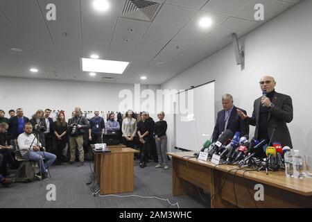 January 11, 2020, Kiev, Ukraine: YEVHENII DYKHNE , Ukraine International Airlines (UIA) President (R) and IHOR SOSNOVKIY ,  Ukraine International Airlines (UIA) Vice-President, (2-R) speak during a media briefing about the crash of the plane in Iran, at the Boryspil International Airport near Kiev, Ukraine , on 11 January 2020. (Credit Image: © Serg Glovny/ZUMA Wire) Stock Photo