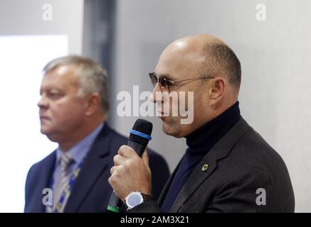 Kiev, Ukraine. 11th Jan, 2020. YEVHENII DYKHNE, Ukraine International Airlines (UIA) President (R) and IHOR SOSNOVKIY, Ukraine International Airlines (UIA) Vice-President, (L) stand next to a map of flight PS-752 of Ukrainian Boeing 737-800 plane departure paths, during a media briefing about the crash of the plane in Iran, at the Boryspil International Airport near Kiev, Ukraine, on 11 January 2020. Credit: Serg Glovny/ZUMA Wire/Alamy Live News Stock Photo