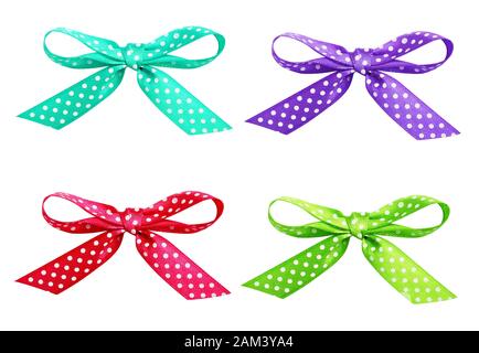 Set of red, purple, blue and green spotted ribbon bows isolated on white Stock Photo