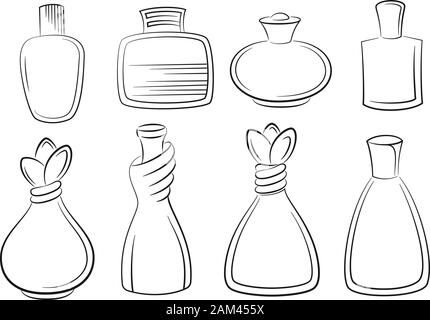 Set of Perfume, Cologne and Eau de Toilette Bottles Black Contours Isolated on White Background. Vector Stock Vector