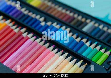Wooden color pencil in a box Stock Photo