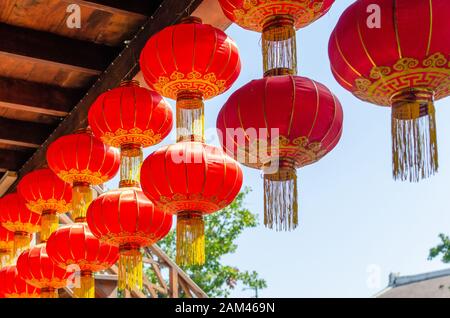 Chinese lanterns decorated according to Chinese shrines or welcoming the Chinese New Year. Stock Photo