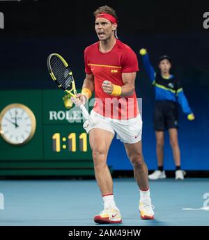 Sydney, Australia. 11th Jan, 2020. Rafael Nadal of Spain celebrates against Alex De Minaur of Australia during the ATP Cup semifinal match between Spain and Australia in Sydney, Australia, Jan. 11, 2020. Credit: Zhu Hongye/Xinhua/Alamy Live News Stock Photo