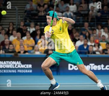 Sydney, Australia. 11th Jan, 2020. Alex De Minaur of Australia competes against Rafael Nadal of Spain during the ATP Cup semifinal match between Spain and Australia in Sydney, Australia, Jan. 11, 2020. Credit: Zhu Hongye/Xinhua/Alamy Live News Stock Photo