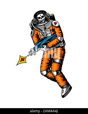 Soaring Spaceman. Skeleton with space weapons. Astronaut in the solar system. Engraved hand drawn Old sketch in vintage style. Stock Vector