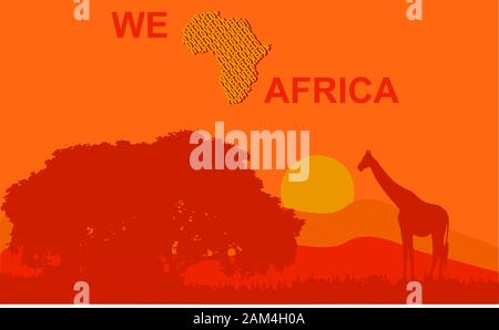 Vector illustration of a classic African landscape with We Love Africa inscription Stock Vector