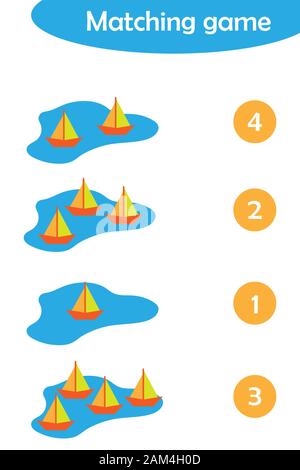 Maths game with paper boats in a puddle for children, easy level, education game for kids, preschool worksheet activity, task for the development of Stock Vector