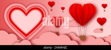 valentine's day banner with heart shaped hot air ballons, clouds and heart frame in papercut style with space for your text Stock Photo