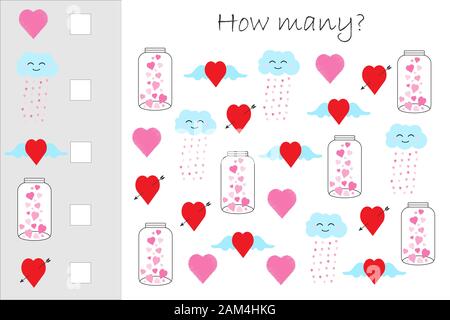 How many counting game with hearts for kids, educational maths task for the development of logical thinking, preschool worksheet activity, count and Stock Vector