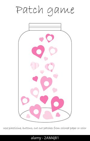 Education Patch game jar heart for children to develop motor skills, use plasticine patches, buttons, colored paper or color the page, kids preschool Stock Vector