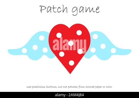 Education Patch game heart for children to develop motor skills, use plasticine patches, buttons, colored paper or color the page, kids preschool Stock Vector