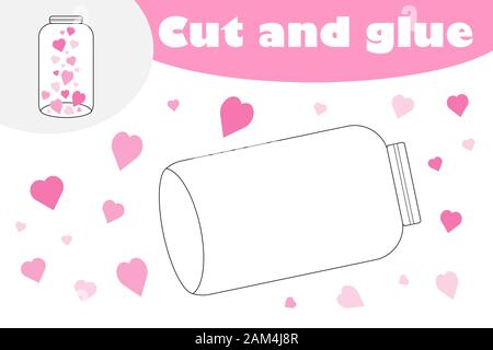 Jar with hearts in cartoon style, education game for the development of preschool children, use scissors and glue to create the applique, cut parts of Stock Vector
