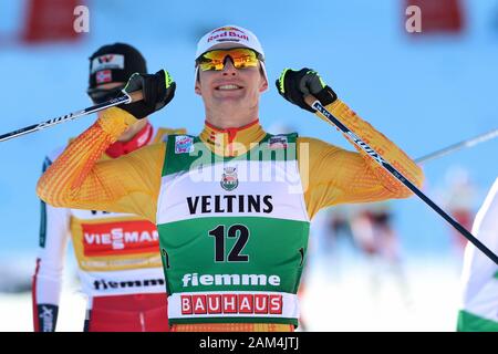 Trento, Italy. 11th January 2020; Lago Di Tesero, Val Di Fiemme, Trento, Italy; International Ski Federation World Cup, FIS Nordic Combined Val Di Fiemme, Vinzenz Geiger (GER) celebrates as he finishes - Editorial Use Credit: Action Plus Sports Images/Alamy Live News Stock Photo