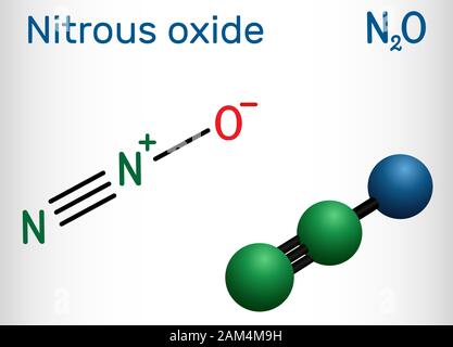 Nitrous oxide, 'laughing gas', N2O molecule. It is used such as a pharmacologic agent to produce anesthesia, a food additive as a propellant. Structur Stock Vector