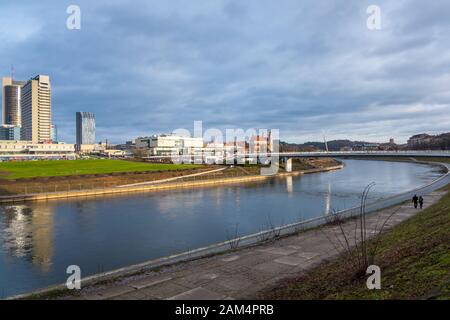 Vilnius, Lithuania - December 16, 2019: The New City Center with the high-rise buildings on the north bank of the river Neris in Vilnius, Lithuania Stock Photo