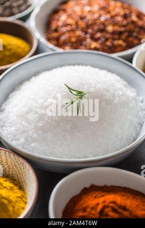 Salt and variety spices and herbs in bowls Stock Photo