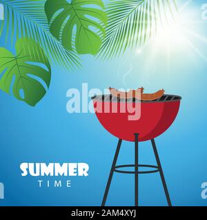barbeque on a sunny summer day with palm leaf vector illustration EPS10 Stock Vector