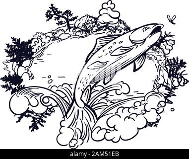 Freshwater fish jumping, out of the water, for a bug or fly Stock Vector