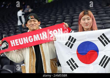 London, UK. 11th Jan 2020.  Heungmin Son fans during the Premier League match between Tottenham Hotspur and Liverpool at the Tottenham Hotspur Stadium, London on Saturday 11th January 2020. (Credit: Jon Bromley | MI News) Photograph may only be used for newspaper and/or magazine editorial purposes, license required for commercial use Credit: MI News & Sport /Alamy Live News Stock Photo