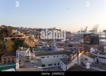 Valparaiso, Chile - August 09, 2019: view of colorful homes and port in Valparaiso Stock Photo