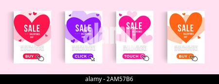 Set of Valentines Day Sale Posters. Web banner design with hearts icon, geometric linear borders and click buttons. Vector advertising graphic, EPS10. Stock Vector