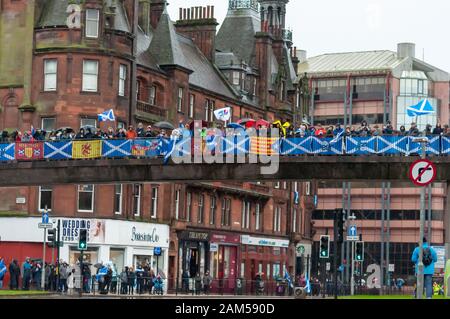 Glasgow, Scotland, UK. 11th Jan, 2020. Campaigners in support of Scottish Independence march through the streets of Glasgow. The march was organised by the group All Under One Banner and travelled from Kelvingrove Park through the city to Glasgow Green. Credit: Skully/Alamy Live News Stock Photo