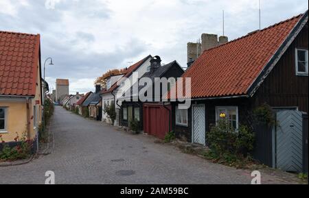 VISBY, SWEDEN ON OCTOBER 11, 2019. Street view of buildings during the autumn. Old house, homes in the town. Editorial use. Stock Photo